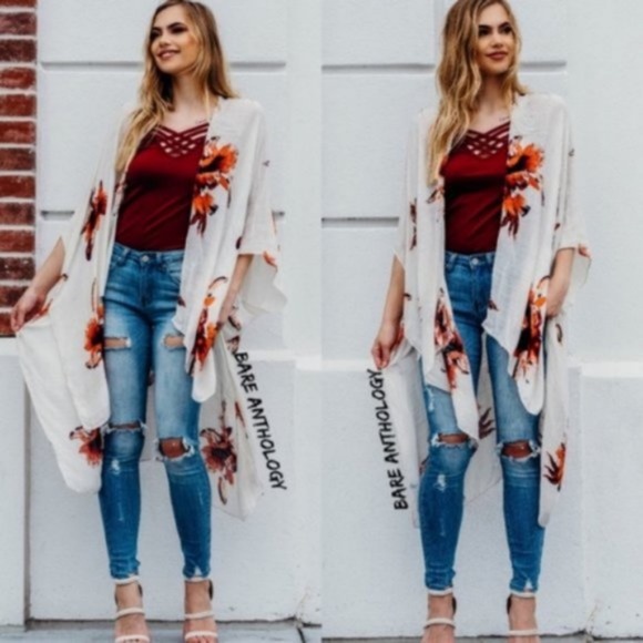 bohemian floral print open front kimono cover up - Picture 5 of 8